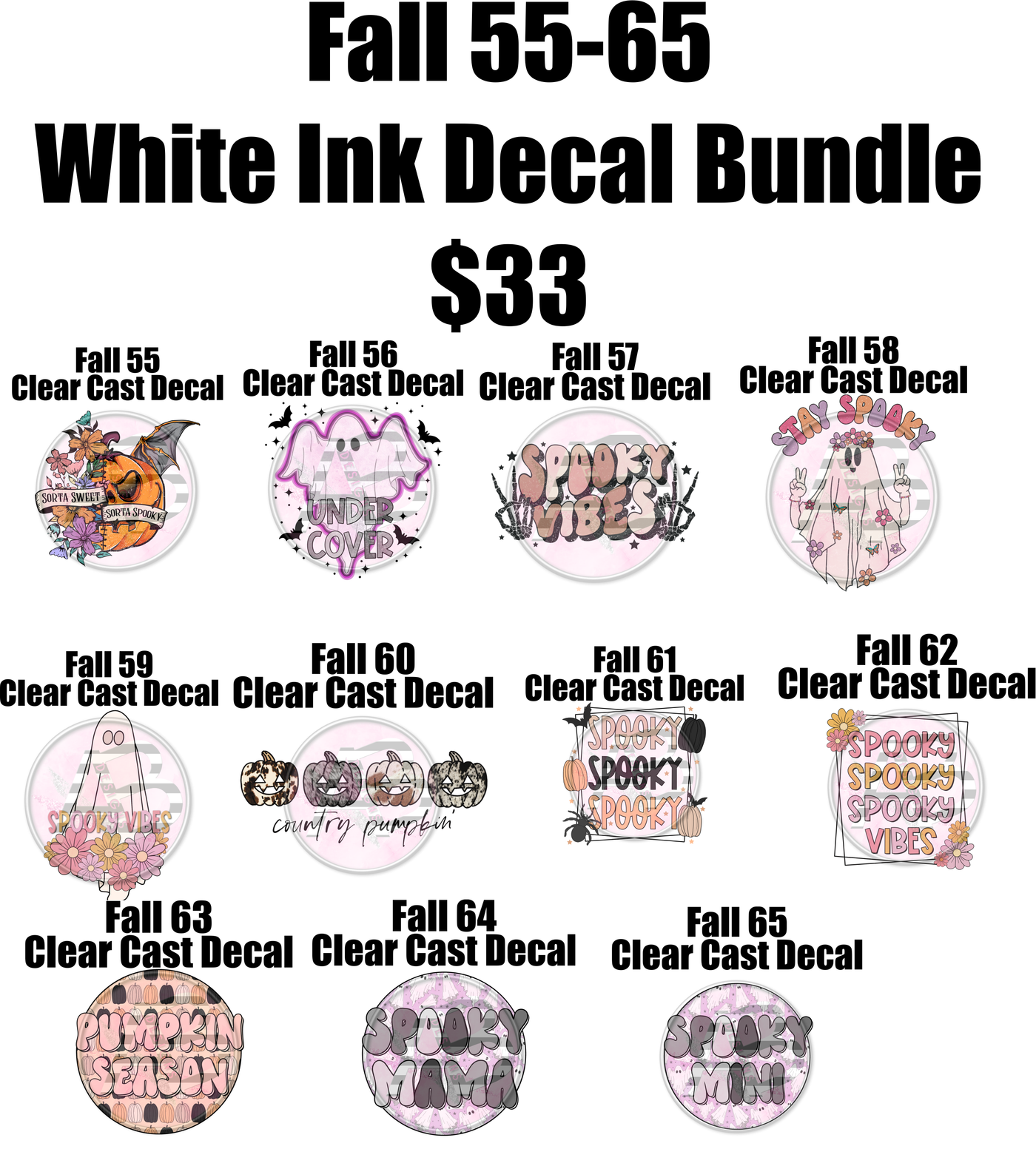 Fall Decals 55-65 Bundle | White Ink Decals