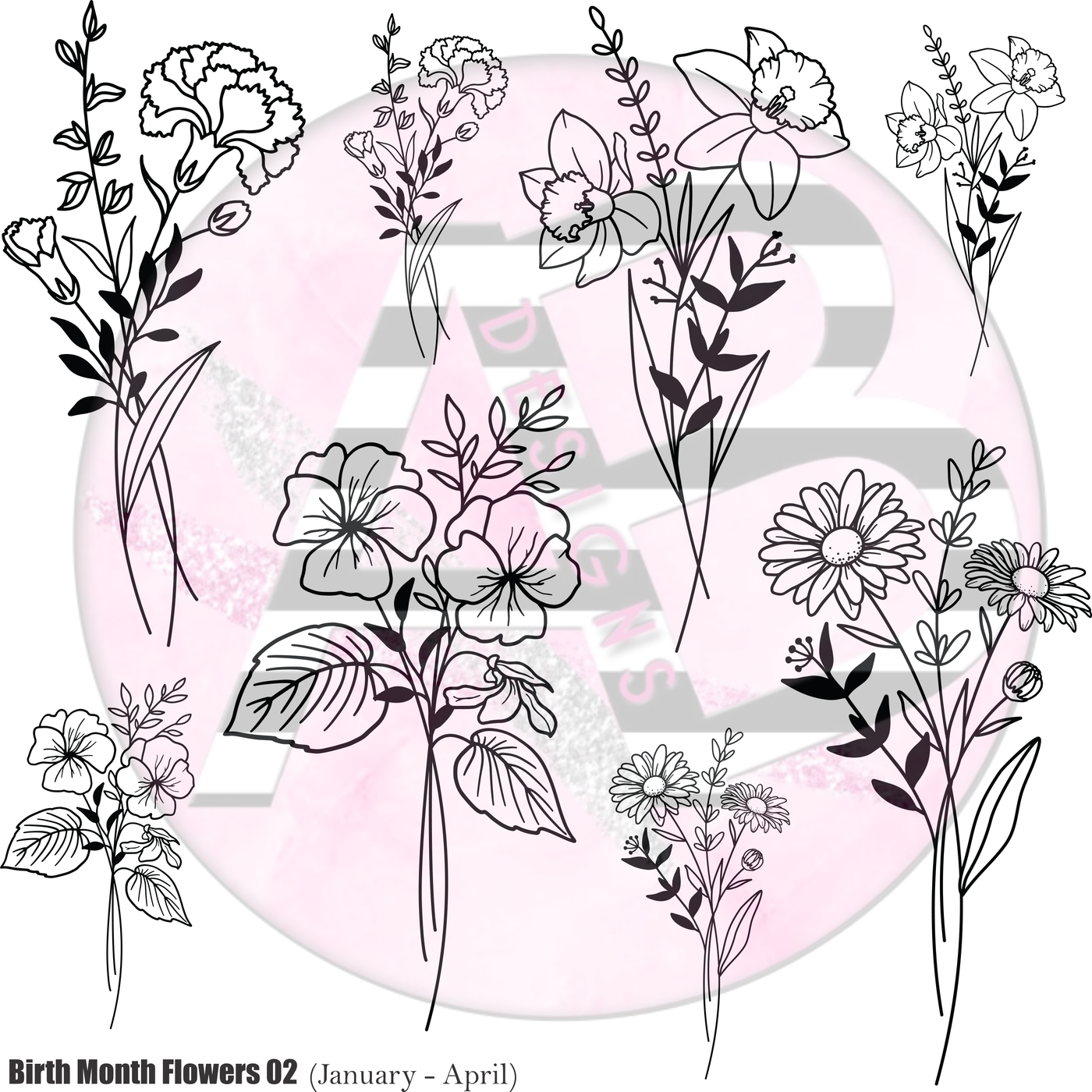Birth Month Flowers 02 (January - April) Full Sheet 12 x 12 Clear Cast Decal
