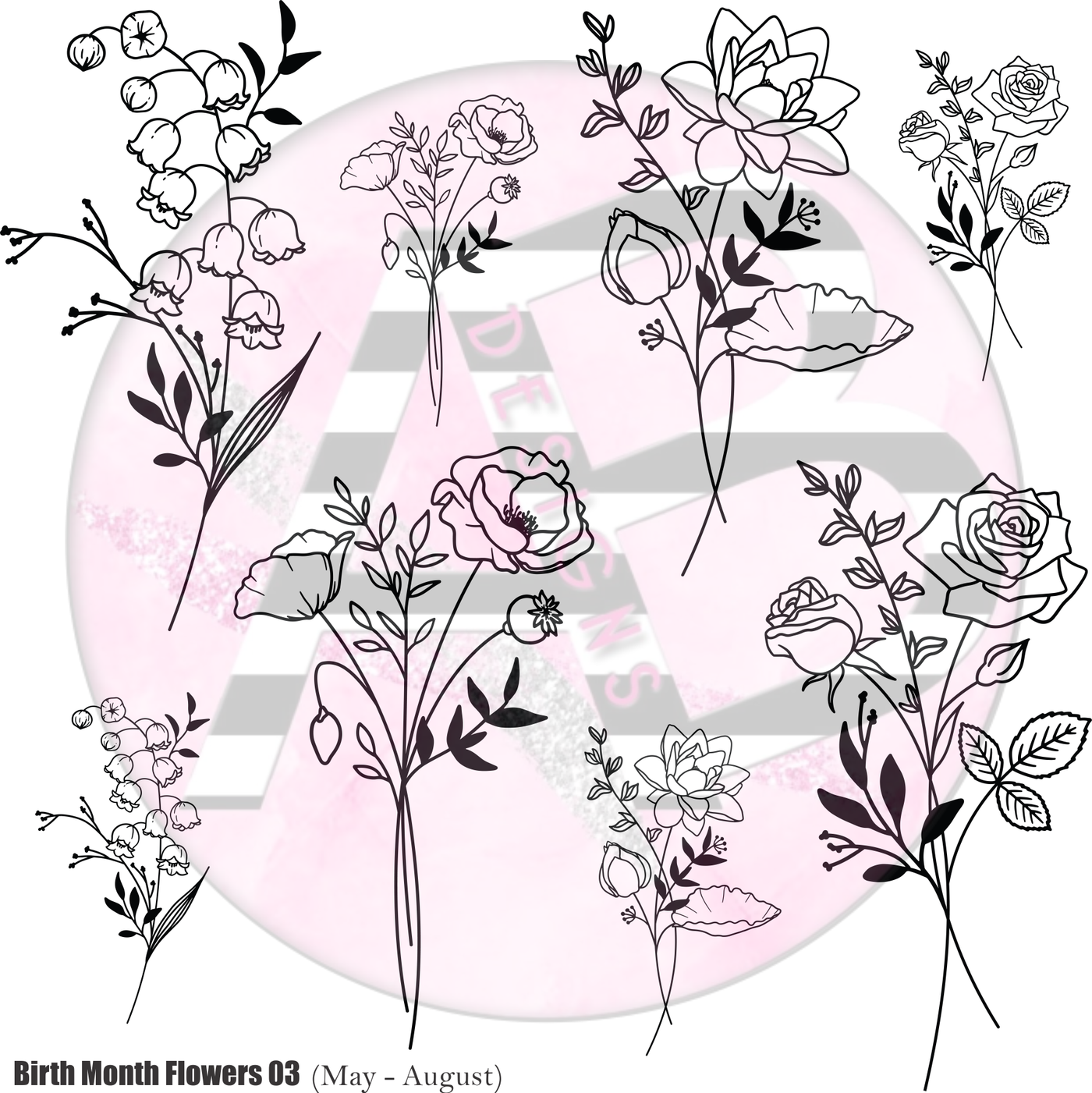 Birth Month Flowers 03 (May - August) Full Sheet 12 x 12 Clear Cast Decal