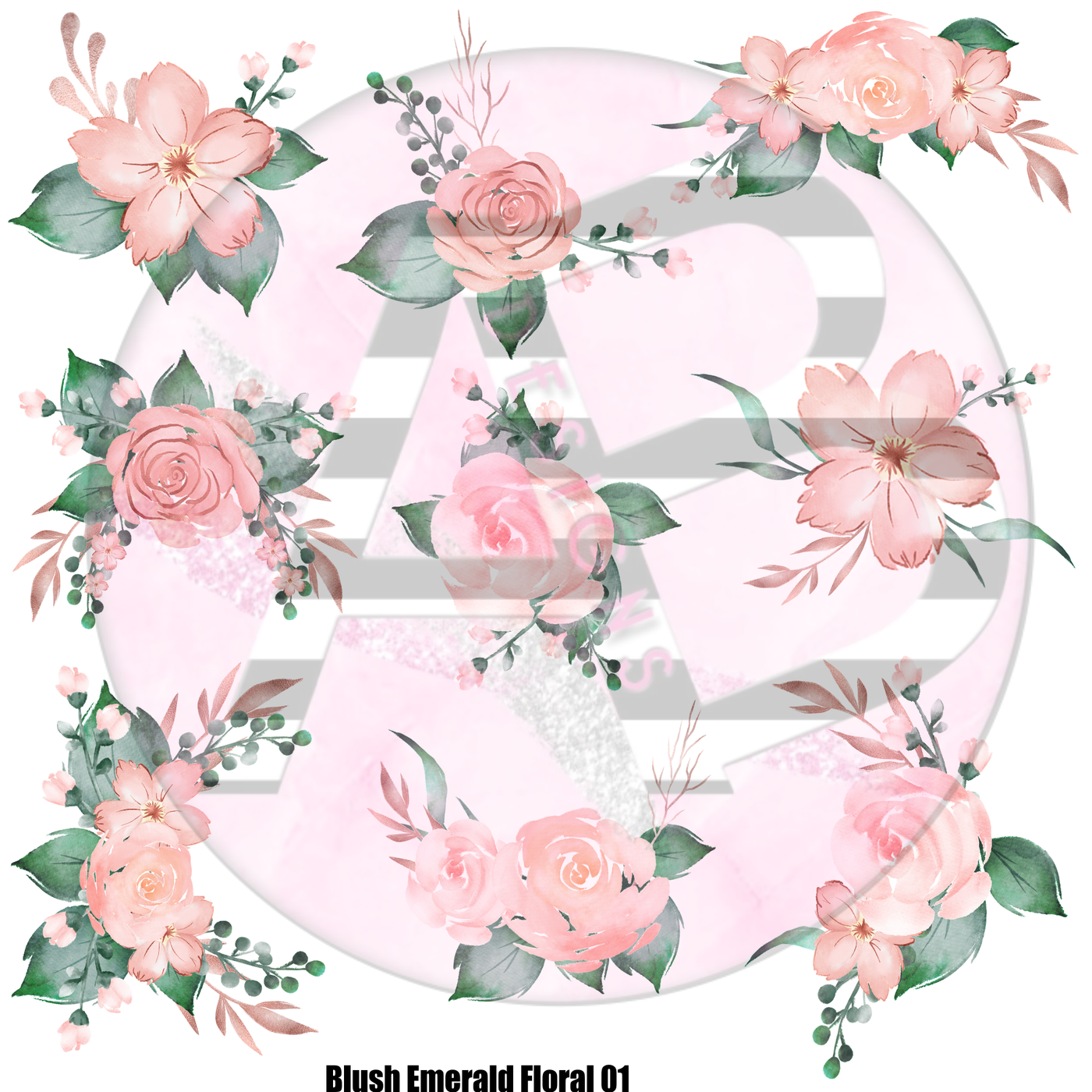 Blush and Emerald Floral 01 Full Sheet 12x12 - Clear Sheet