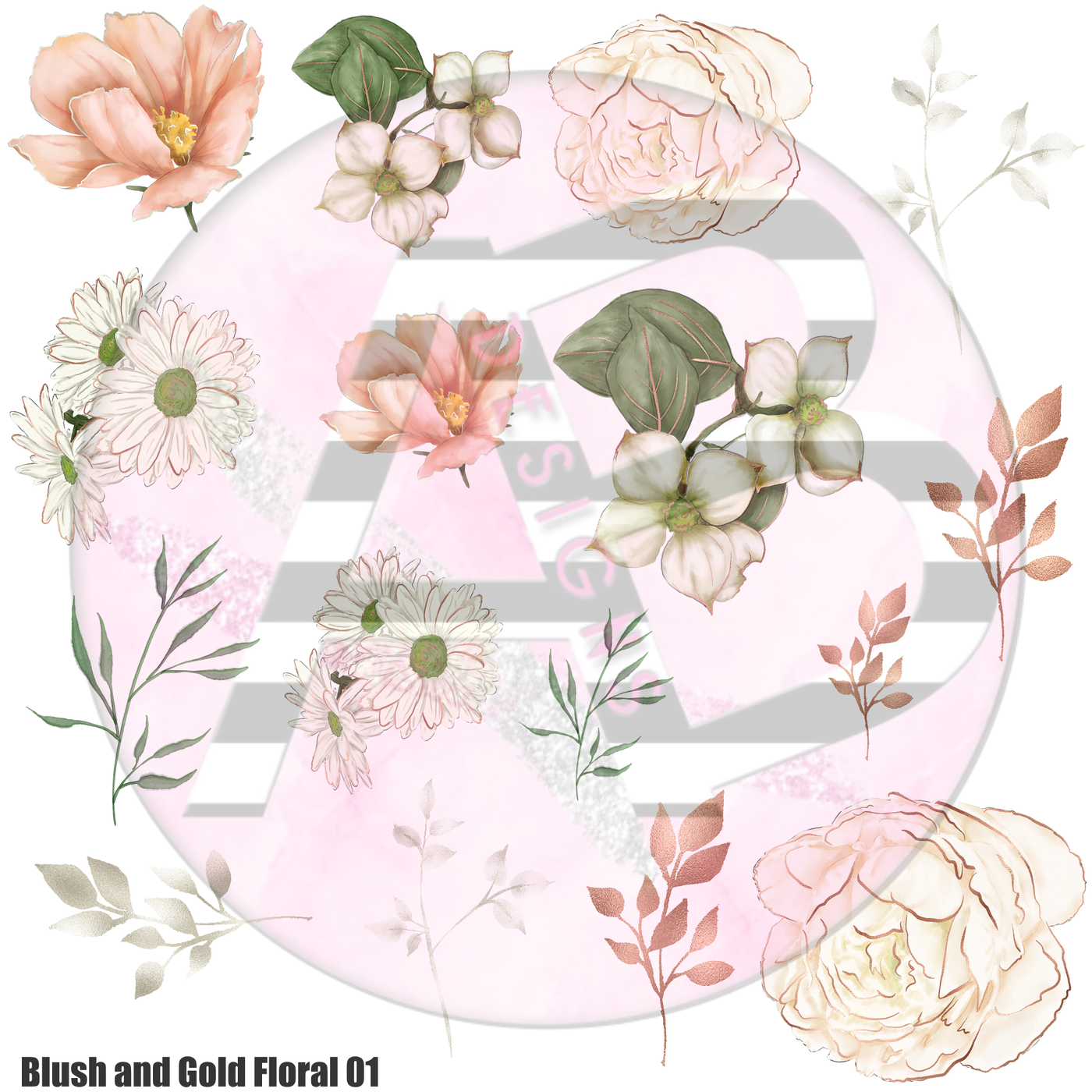 Blush and Gold Floral 01 Full Sheet 12x12 - Clear Sheet