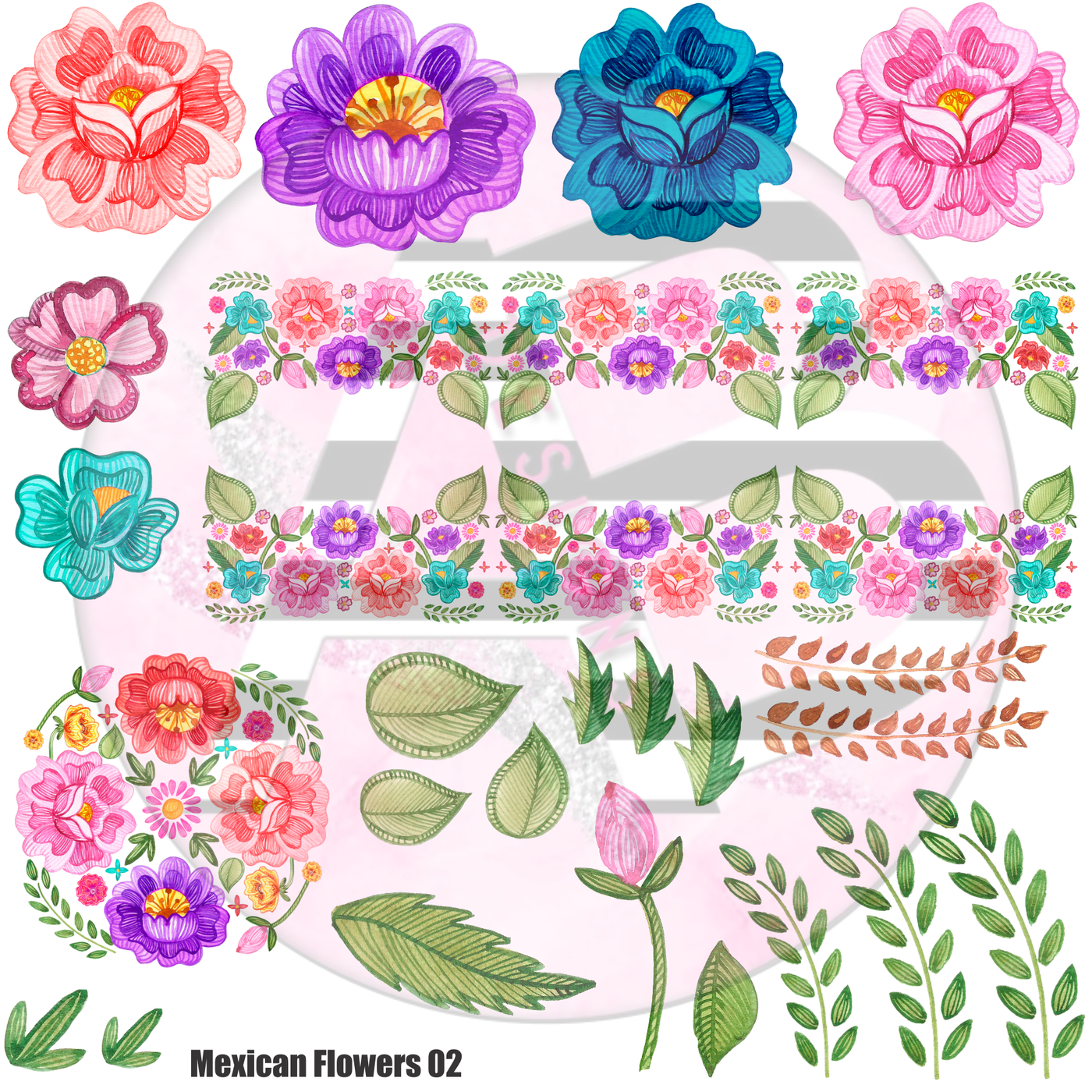 Mexican Flowers 02 Full Sheet 12x12 - Clear Sheet