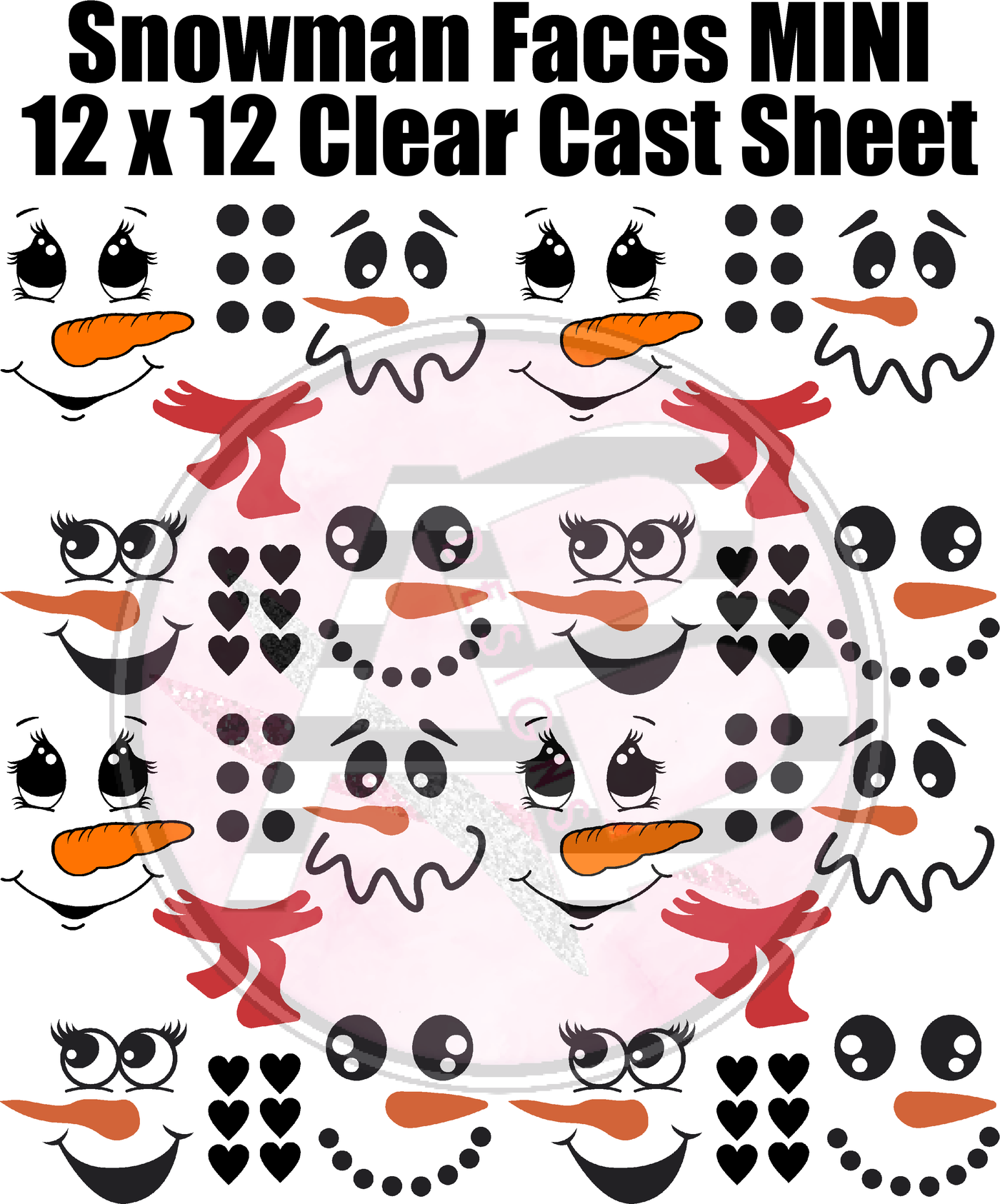 Snowman Faces Mini Full Sheet 12x12 Clear Cast Decal