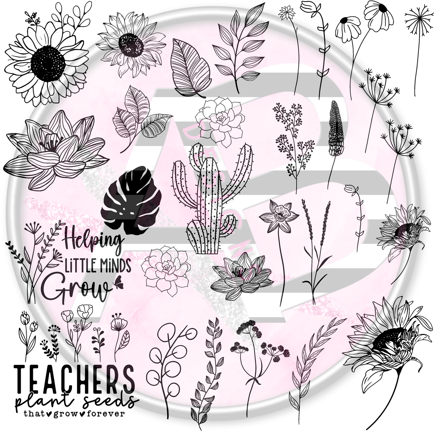 Teacher Floral Line Art Full Sheet 12x12 Clear Cast Decal